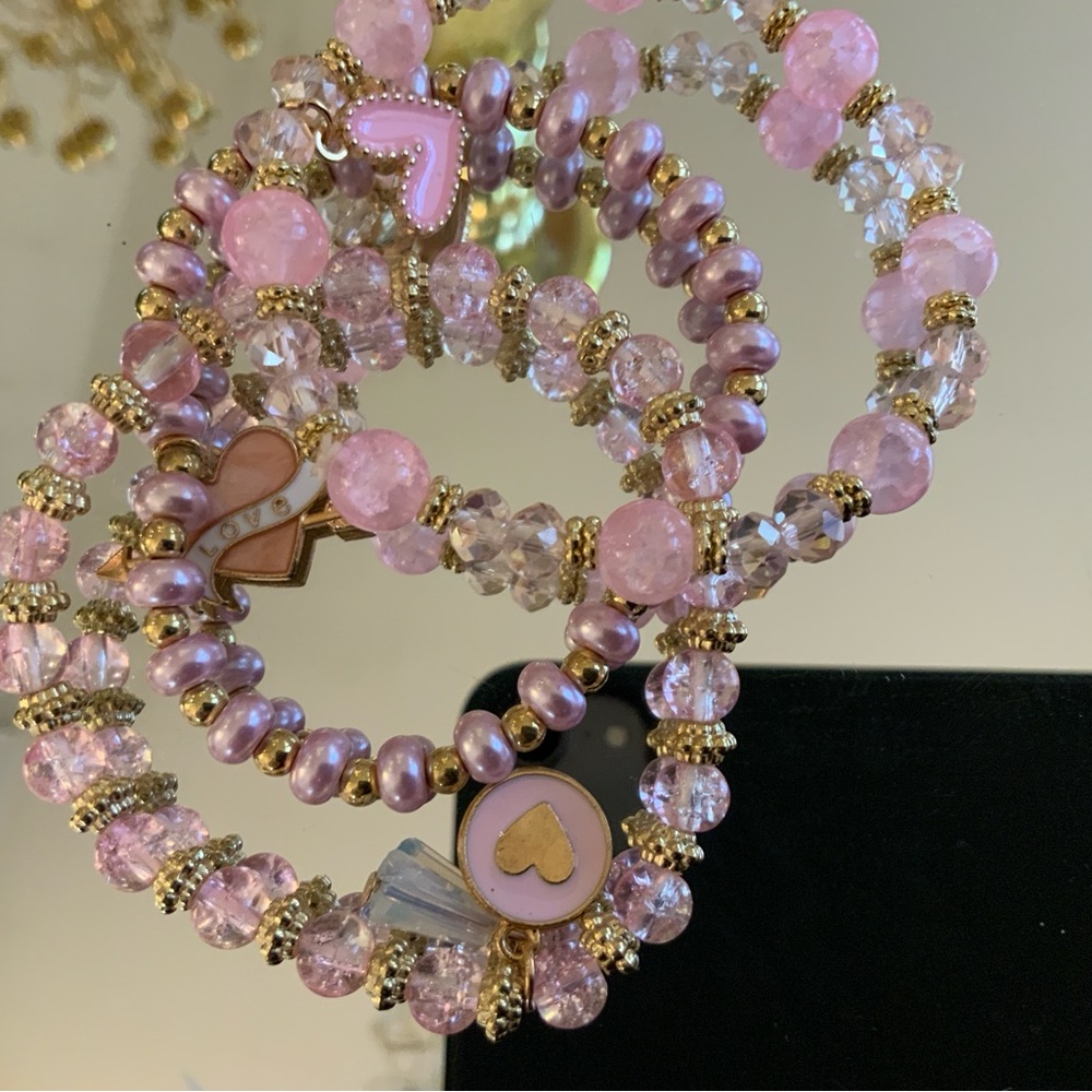 Pink and Gold Beaded Bracelet Set with hear charms